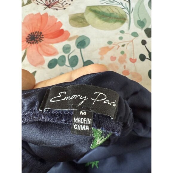 Emory Park Satin Silky Slip Midi Skirt Embroidered Ditsy Floral Navy Pull On M - Picture 8 of 8